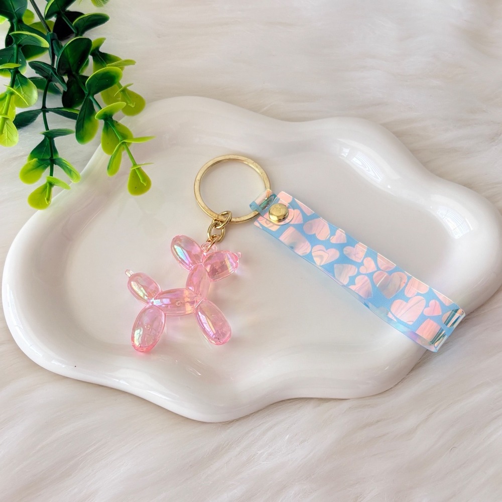 Iridescent Pink Balloon Dog Keychain/ Bag Charm with Heart Pattern‎ Strap